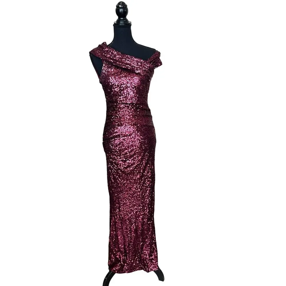 Badgley Mischka Bordeaux Red Sequin Gown Size 22 Off Shoulder Formal Luxury $695 - Picture 9 of 14